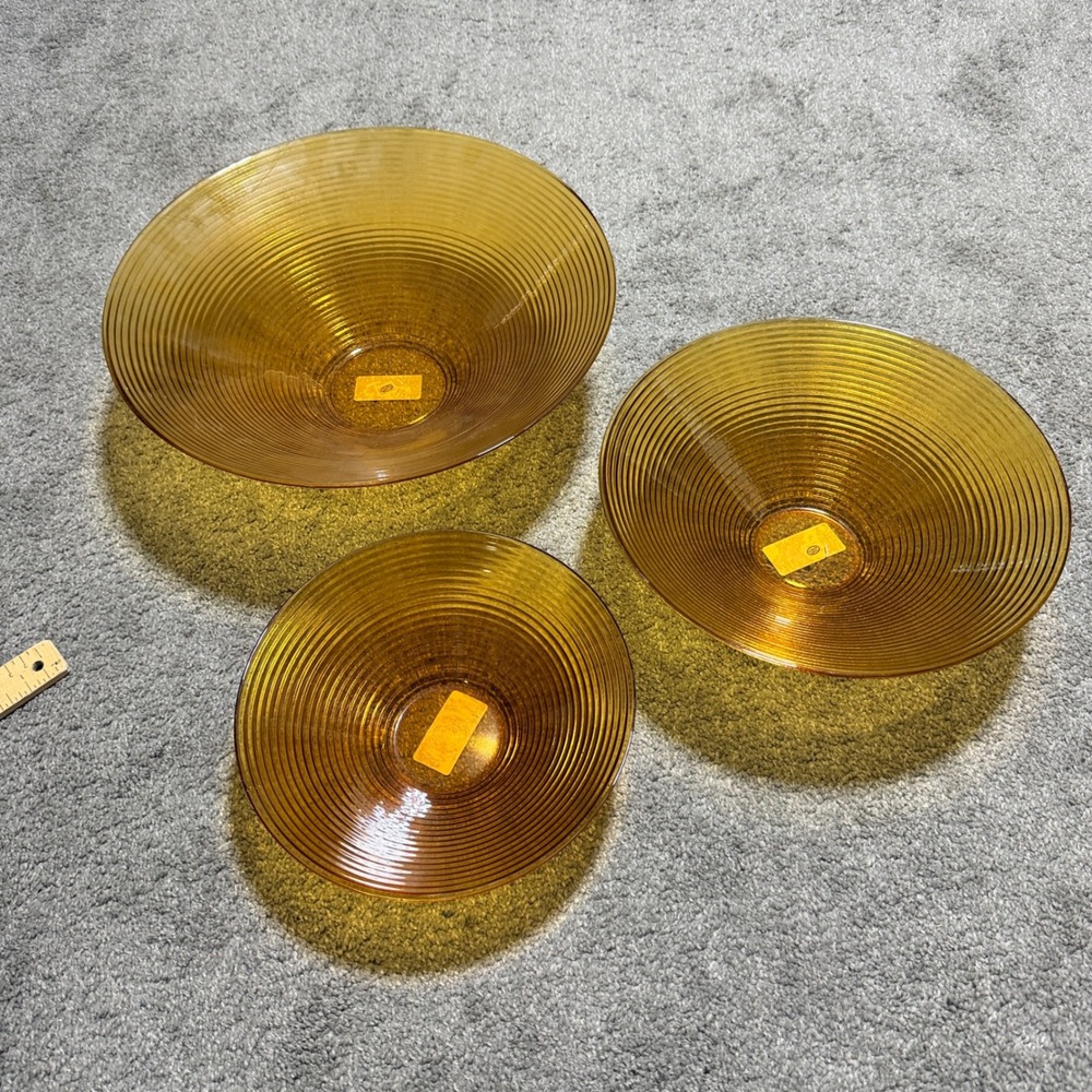Vintage Amber Glass Ribbed Nesting Bowls Set of 3 Mid Century Modern Style Honey